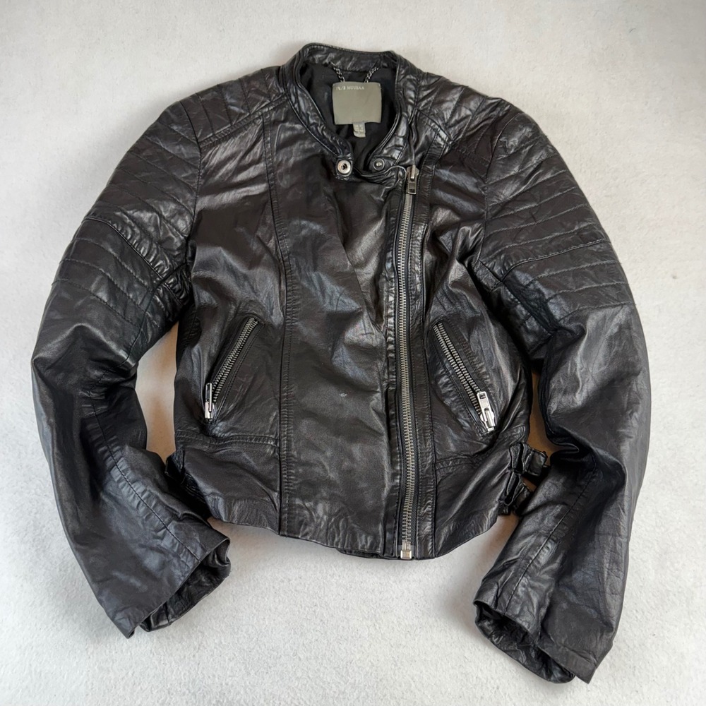 Muubaa Black Leather Biker Jacket Quilted Moto Asymmetrical Zip Womens US 8